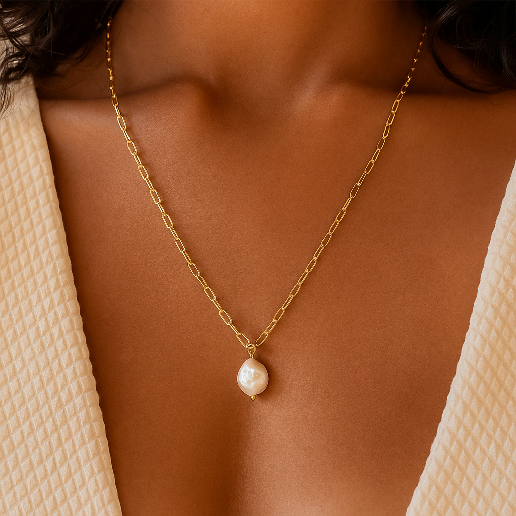 KOS Gold Paperclip Necklace with Pearl